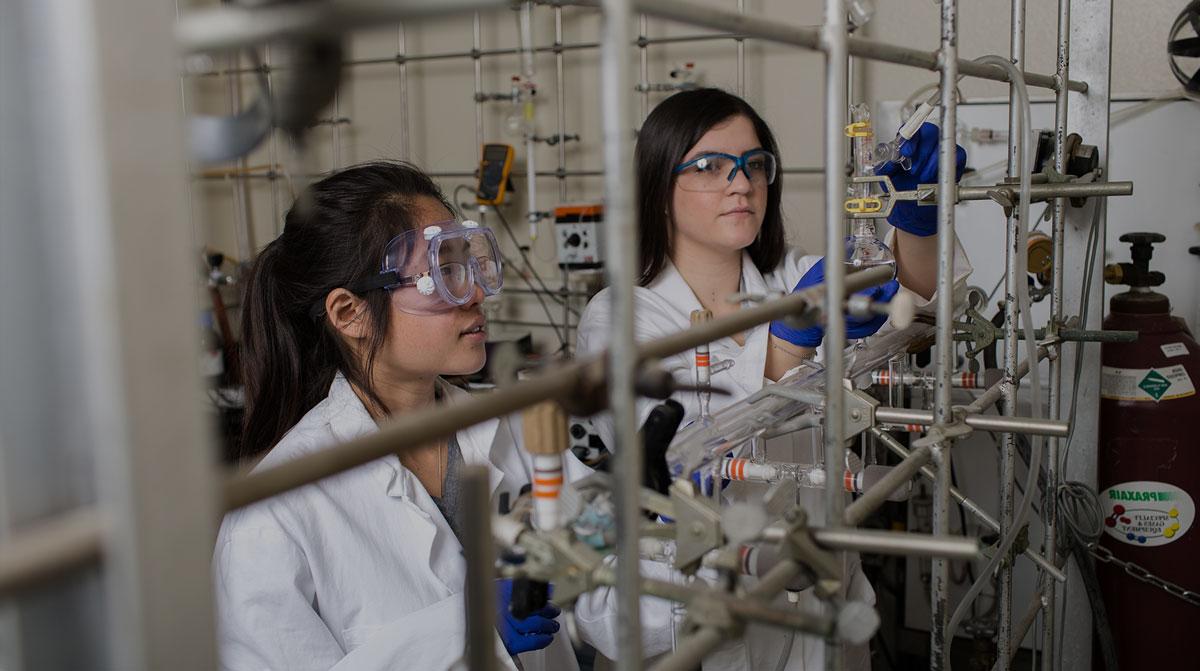 Grace Chong and Cecilia Eiroa working in the Chemistry lab